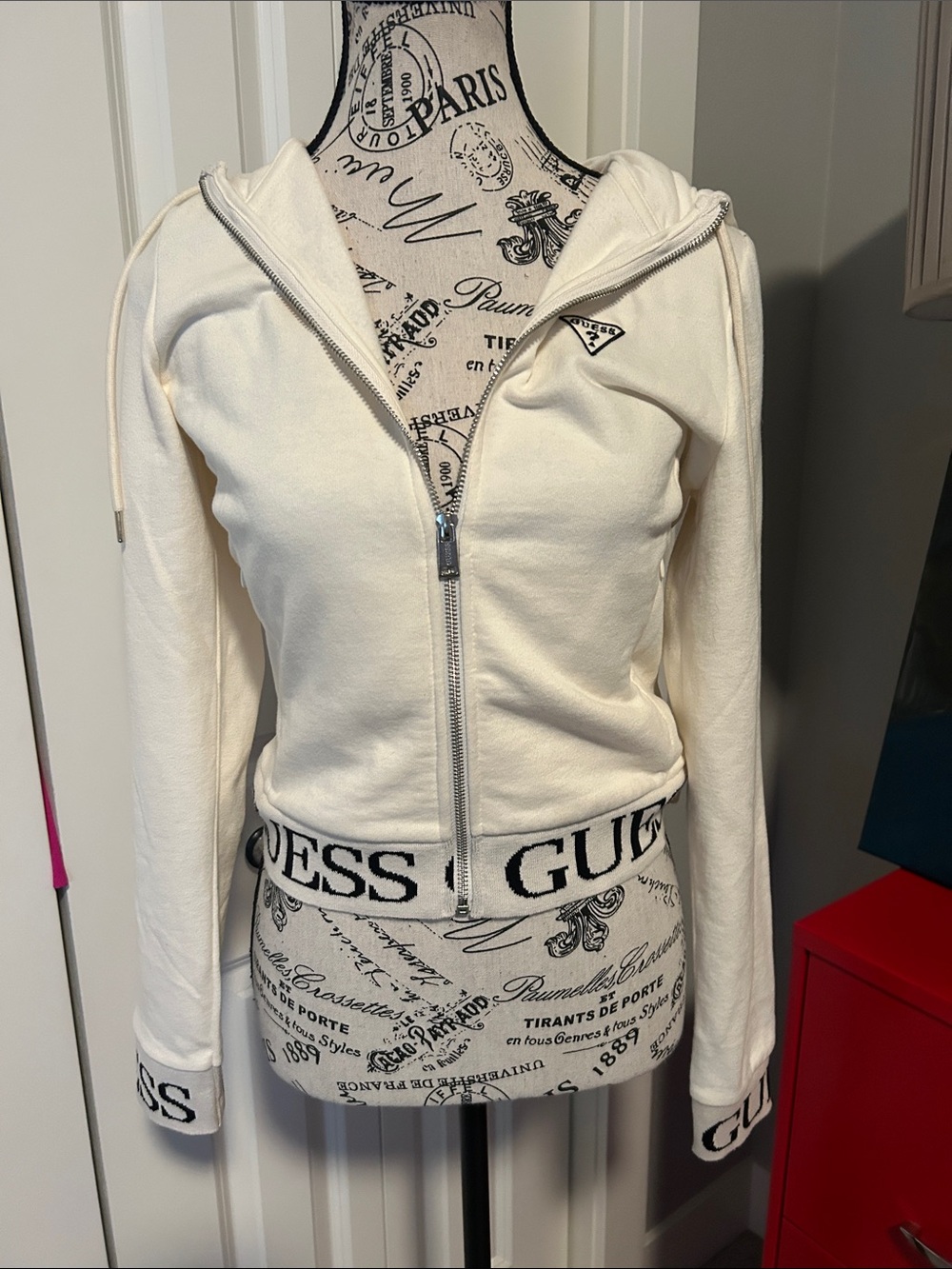 NWT Guess Cream Zip Hoodie with Branded Waistband